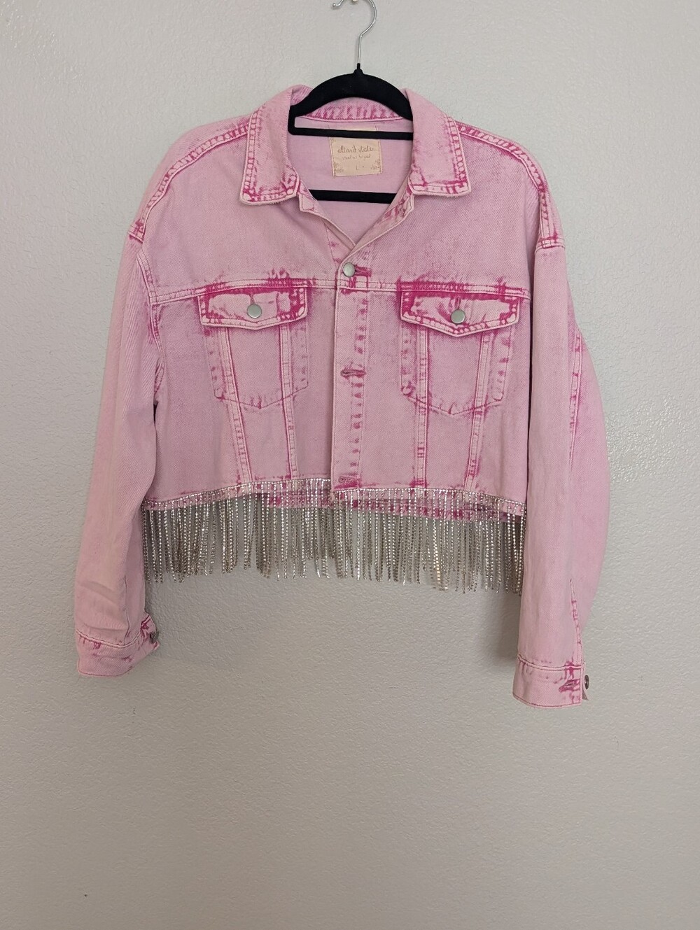 Altar'd State Pink Cropped Denim Jacket with Silver Rhinestone Fringe